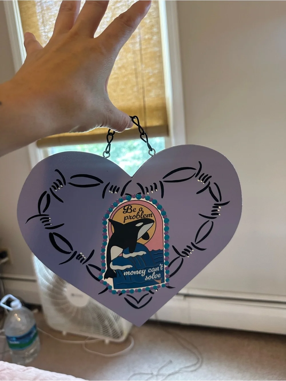 Lavender Heart Wall Plaque with Whale Graphic and painted Barb wire